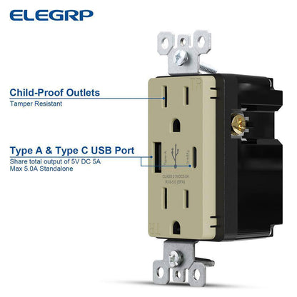 ELEGRP 25-Watt 15 Amp Type A and C Dual USB Charger w/ Duplex Outlet, Ivory