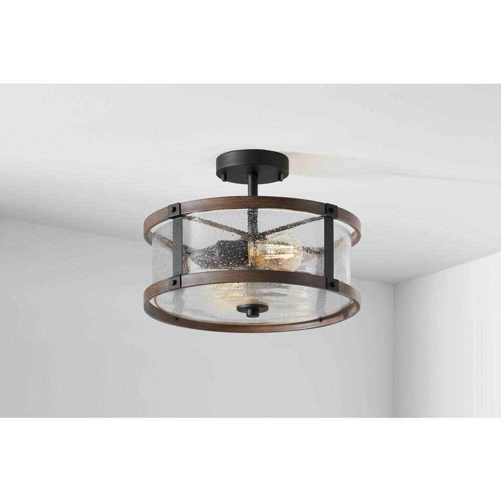 Hampton Bay Richland 2-Light Dark Bronze Semi-Flushmount Clear Seedy Glass