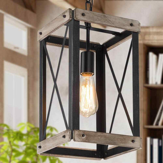 LNC Black Rustic Wood Cage Pendant Light