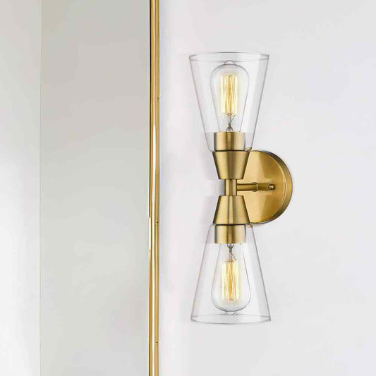 JAZAVA 16.57 in. 2 Light Gold Vanity Lights Clear Glass Indoor Wall Sconce