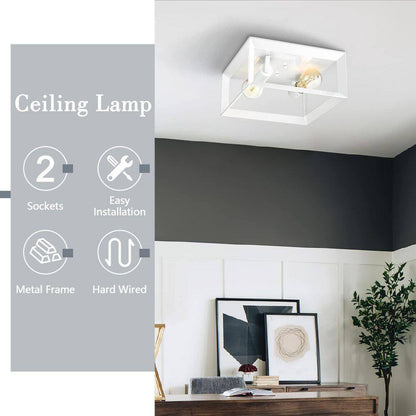 JAZAVA Farmhouse 11.5 in. 2-Light White Square Cage Flush Mount Ceiling Light
