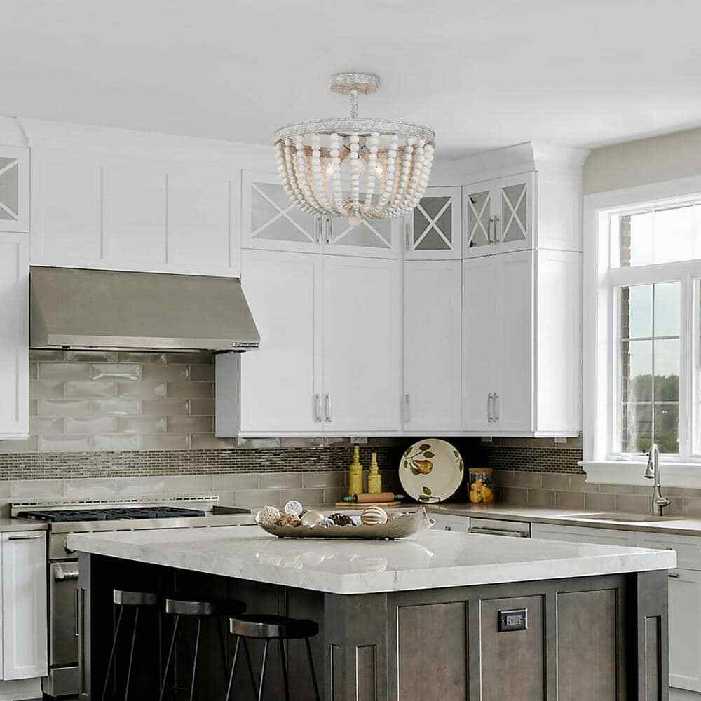 LNC 16 in. Modern Farmhouse Antique White Wood Beaded Semi-Flush Mount 3-Light