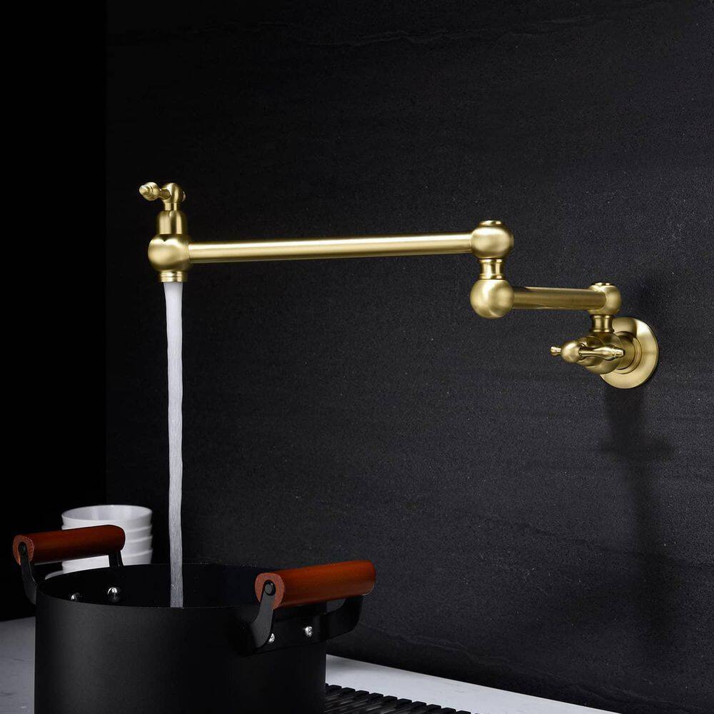 FLG Wall Mounted Pot Filler Double Handle Kitchen Sink Faucet Brushed Gold