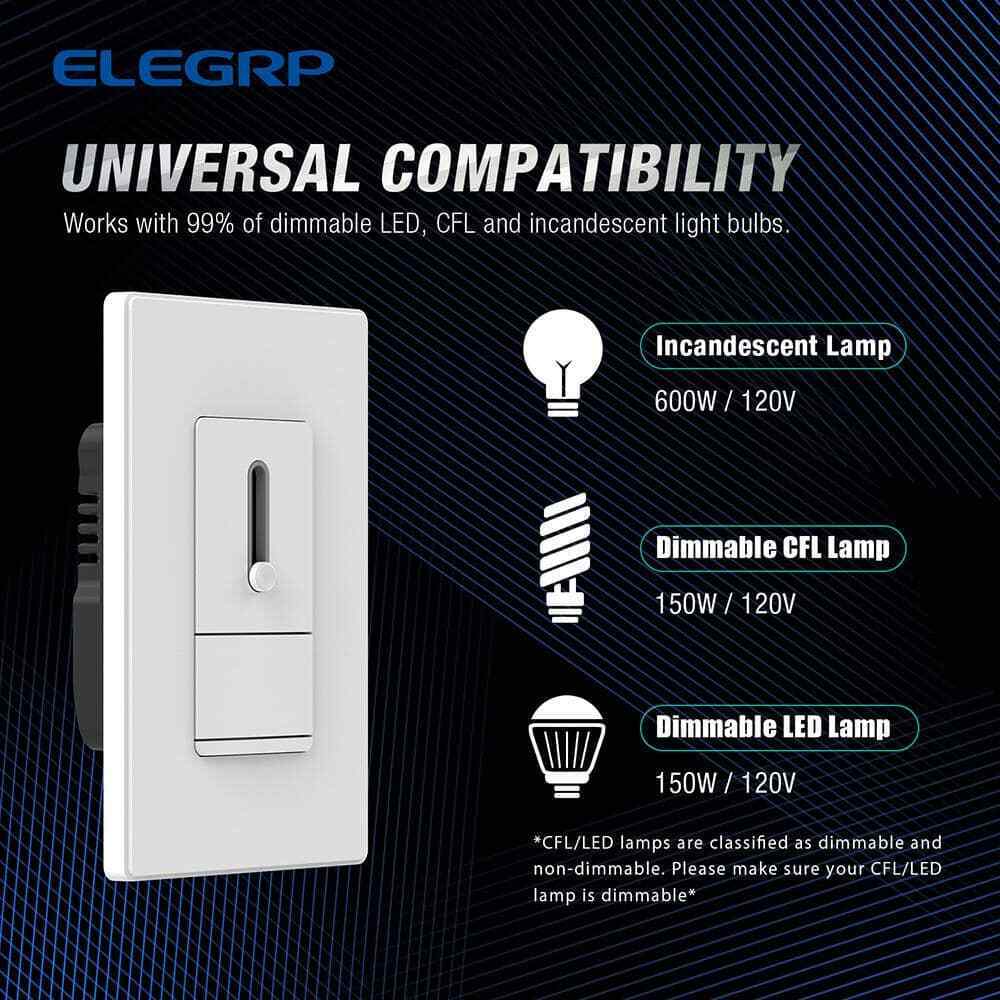 ELEGRP Slide Dimmer Switch for Dimmable LED CFLIncandescent Bulbs 2-Pack