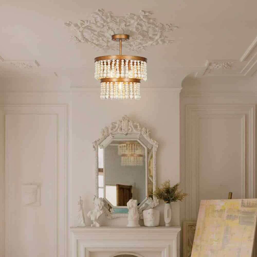 Uolfin Modern Farmhouse Ceiling 4-Light Antique Gold Round Semi-Flush Mount