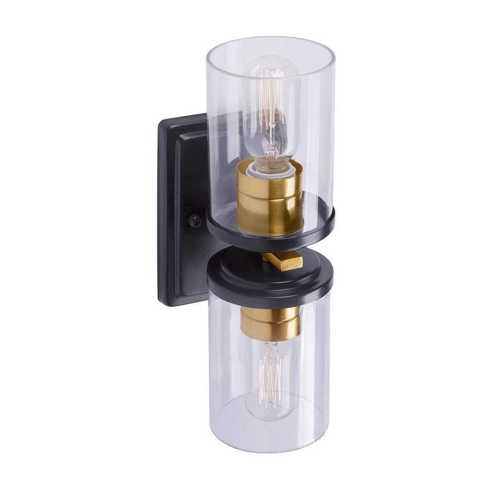 2-Light Black and Soft Gold Wall Sconce Vanity Light with Clear Glass