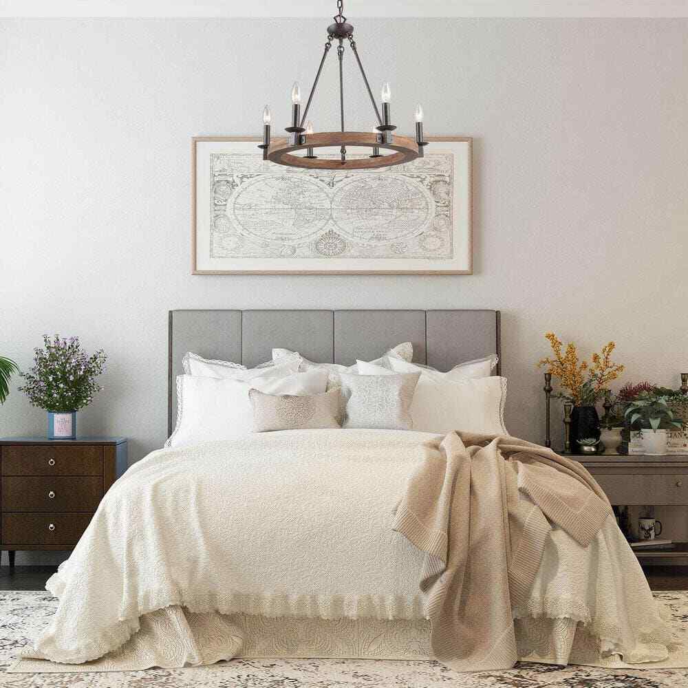 LNC Wagon Wheel Chandelier 6-Light Distressed Wood Island Light Rustic Bronze