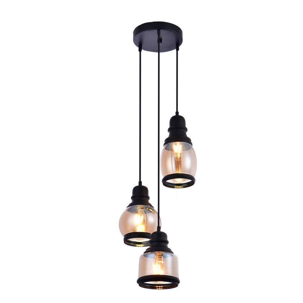 LAZZUR Vaige 13 in. 3-Light Matte Black Pendant with Amber Glass Shade