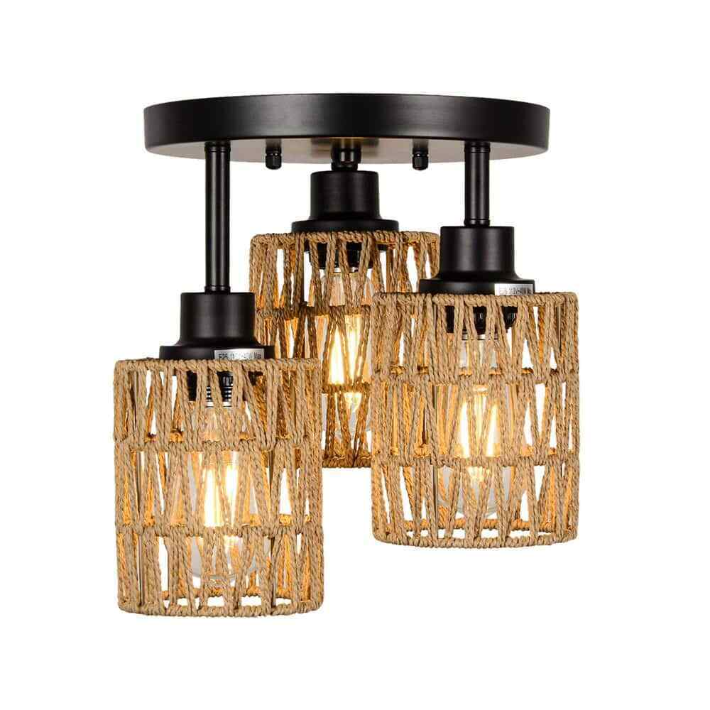 PUDO Flush Mount Boho 3-Light Brown Cage Pendant Light