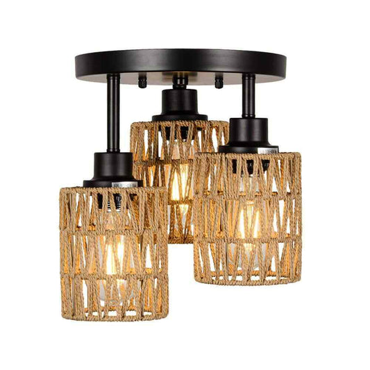 PUDO Flush Mount Boho 3-Light Brown Cage Pendant Light
