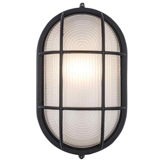 Bel Air Lighting Aria Black Oval Outdoor Wall Light Fixture w/ Ribbed Glass