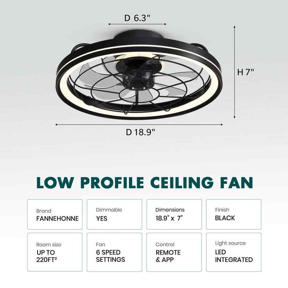 FANNEHONNE 19 in. Indoor Black Low Profile Ceiling Fan w/ Integrated LED Light