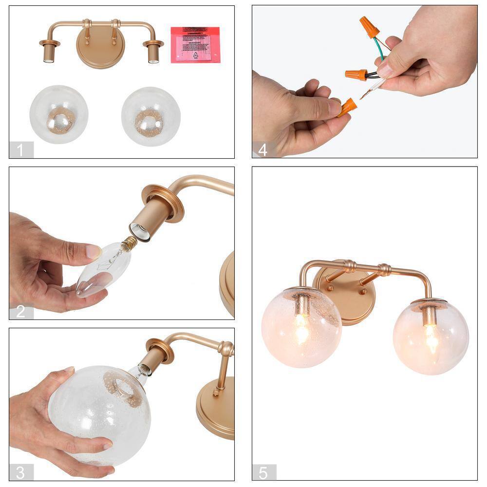 Uolfin Modern Globe Bathroom Vanity Light 2-Light Brass Gold Round Light