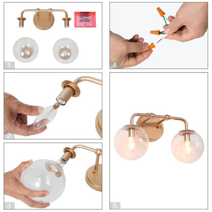 Uolfin Modern Globe Bathroom Vanity Light 2-Light Brass Gold Round Light