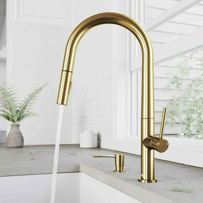 VIGO Greenwich Pull-Down Sprayer Kitchen Faucet w/ Soap Dispenser Brushed Gold