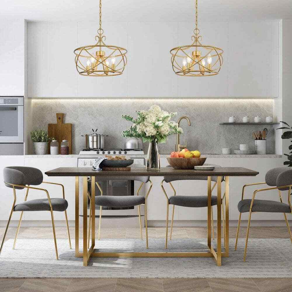 Uolfin Mid-Century Modern Dining Room 4-Light Antique Gold Drum Chandelier