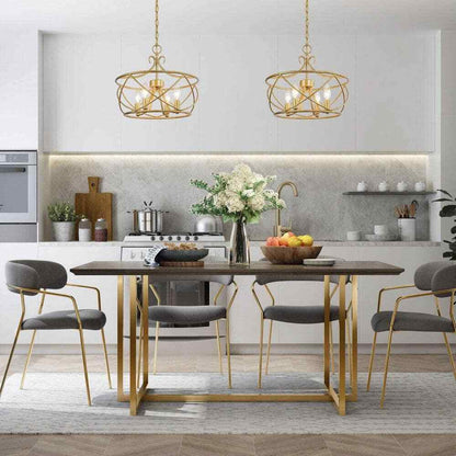 Uolfin Mid-Century Modern Dining Room 4-Light Antique Gold Drum Chandelier