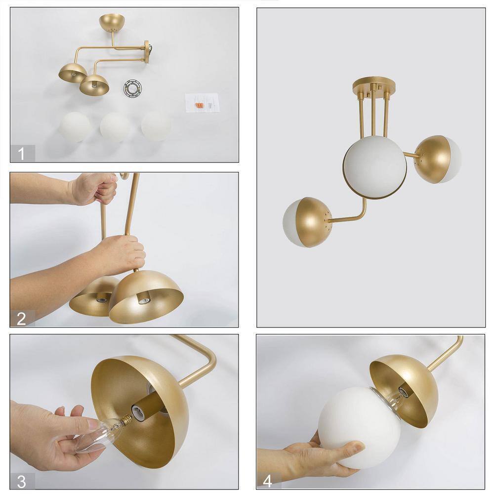 LNC 23.5 in. Gold Modern Semi-Flush Mount Light with Globe Frosted Glass Shade