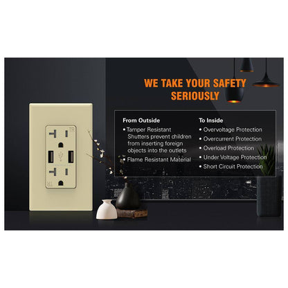 ELEGRP 3.6 Amp USB Dual Type A In-Wall Charger w/ 20 Amp Duplex Ivory 2-Pack
