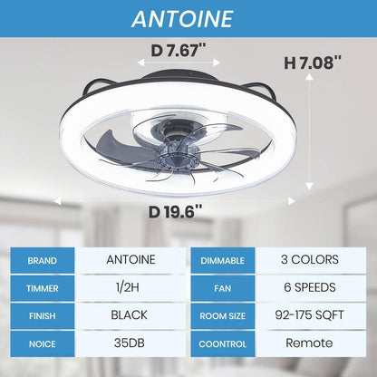 ANTOINE 20 in. Indoor Black Ceiling Fan w/ LED Dimmable Light Low Profile Flush