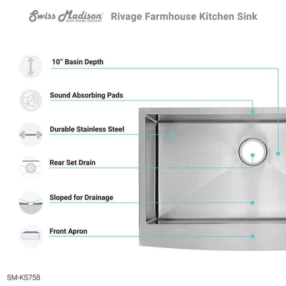 Swiss Madison Rivage 33 in. x 21 in. SS Single Basin Farmhouse Kitchen Sink