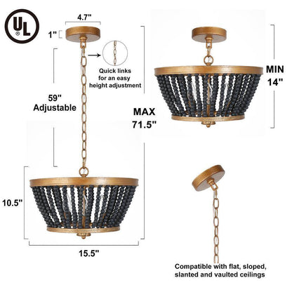 Uolfin Modern Drum Dining Room 3-Light Antique Gold Round Chandelier
