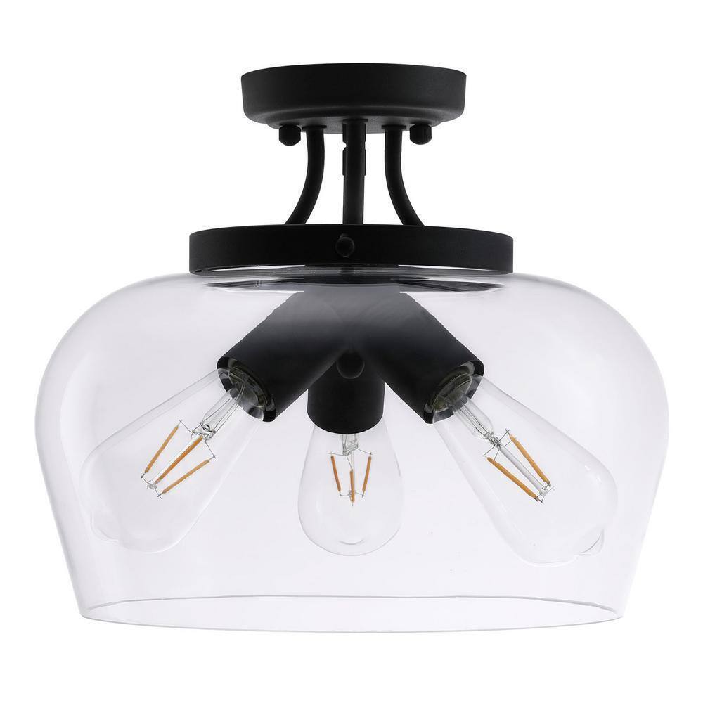 Merra 14 in. 3-Light Matte Black Semi-Flush Mount with Clear Glass Shade