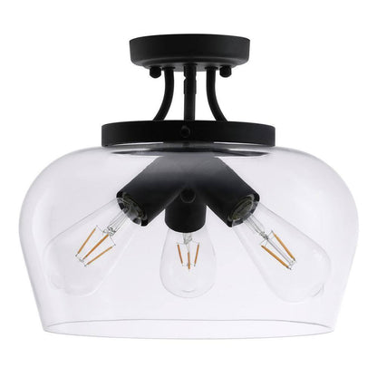 Merra 14 in. 3-Light Matte Black Semi-Flush Mount with Clear Glass Shade