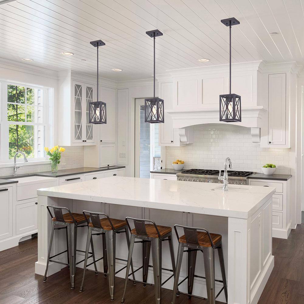 Home Decorators 1-Light Matte Black Mini Pendant Rectangular Cage Hanging Light