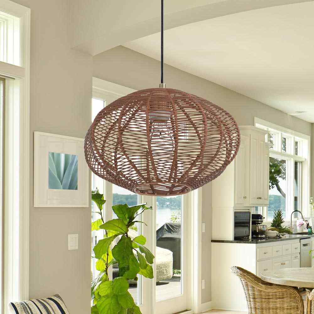 River of Goods Emilia Light Bronze Hanging Pendant with Brown Woven Rattan Shade