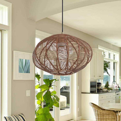 River of Goods Emilia Light Bronze Hanging Pendant with Brown Woven Rattan Shade
