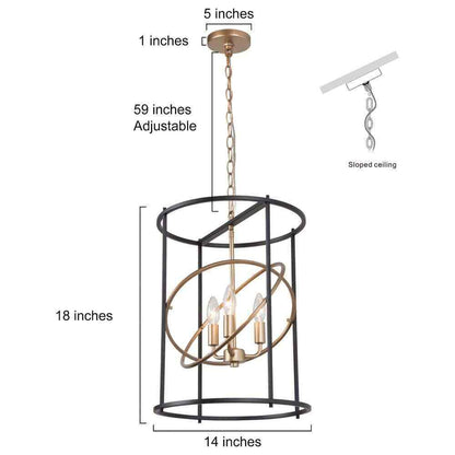 LNC Gold/Black Drum Candlestick 3-Light Transitional Cylinder Cage Pendant Light