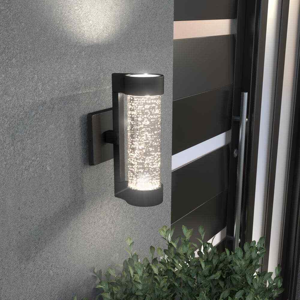 Home Decorators Ansel Black Bubble Glass LED Outdoor Light Cylinder Sconce