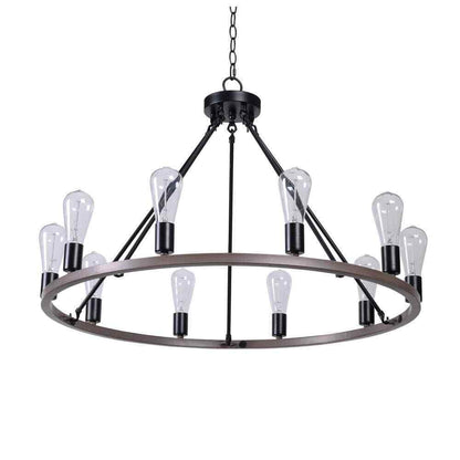 Hampton Bay Stratton 10-Light Black and Woodgrain Wagon Wheel Chandelier
