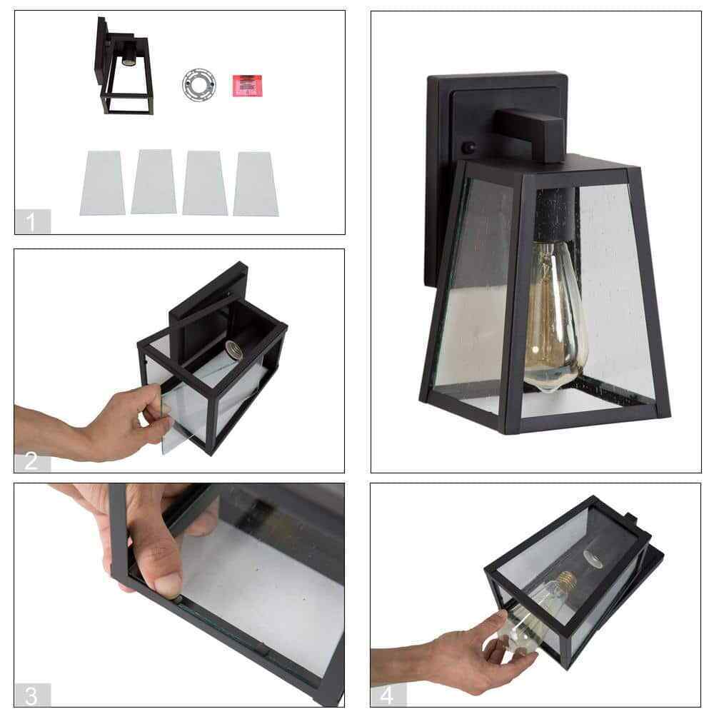 LNC Modern Matte Black Lantern Outdoor Wall Light w/ Seeded Glass Shade