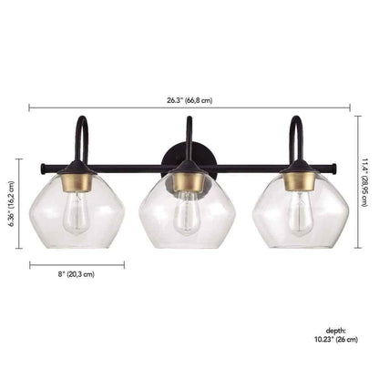 Globe Harrow 26.3 in. 3-Light Dark Bronze Vanity w/Brass Accents and Clear Glass