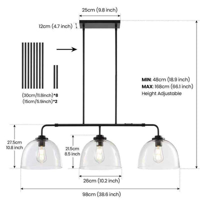 KAISITE 3-Light Black Shaded Pendant Light w/ Transparent Glass Shade