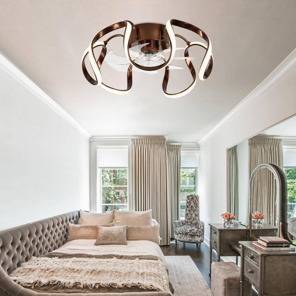 Oaks Aura LED Indoor Brown Modern Flush Mount Ceiling Fan Light APP and Remote