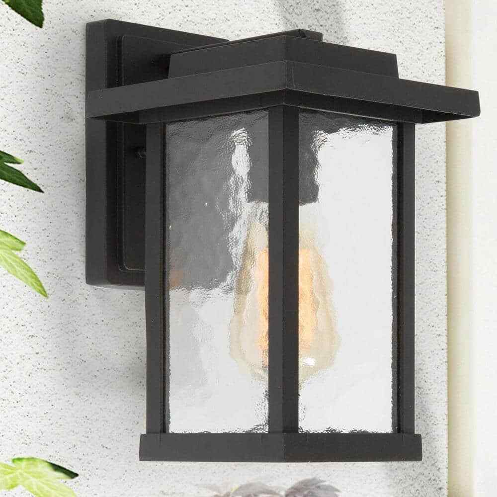 LNC Matte Black Outdoor Wall Lantern Sconce with Textured Glass Shade