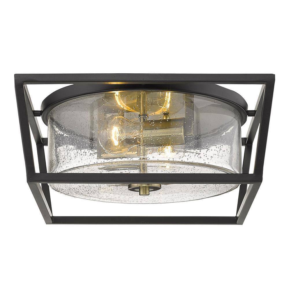 Golden Lighting Mercer 14.5 in. Matte Black Aged Brass Seeded Glass Flush Mount