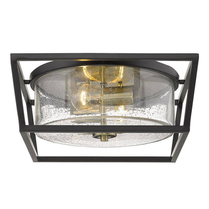 Golden Lighting Mercer 14.5 in. Matte Black Aged Brass Seeded Glass Flush Mount