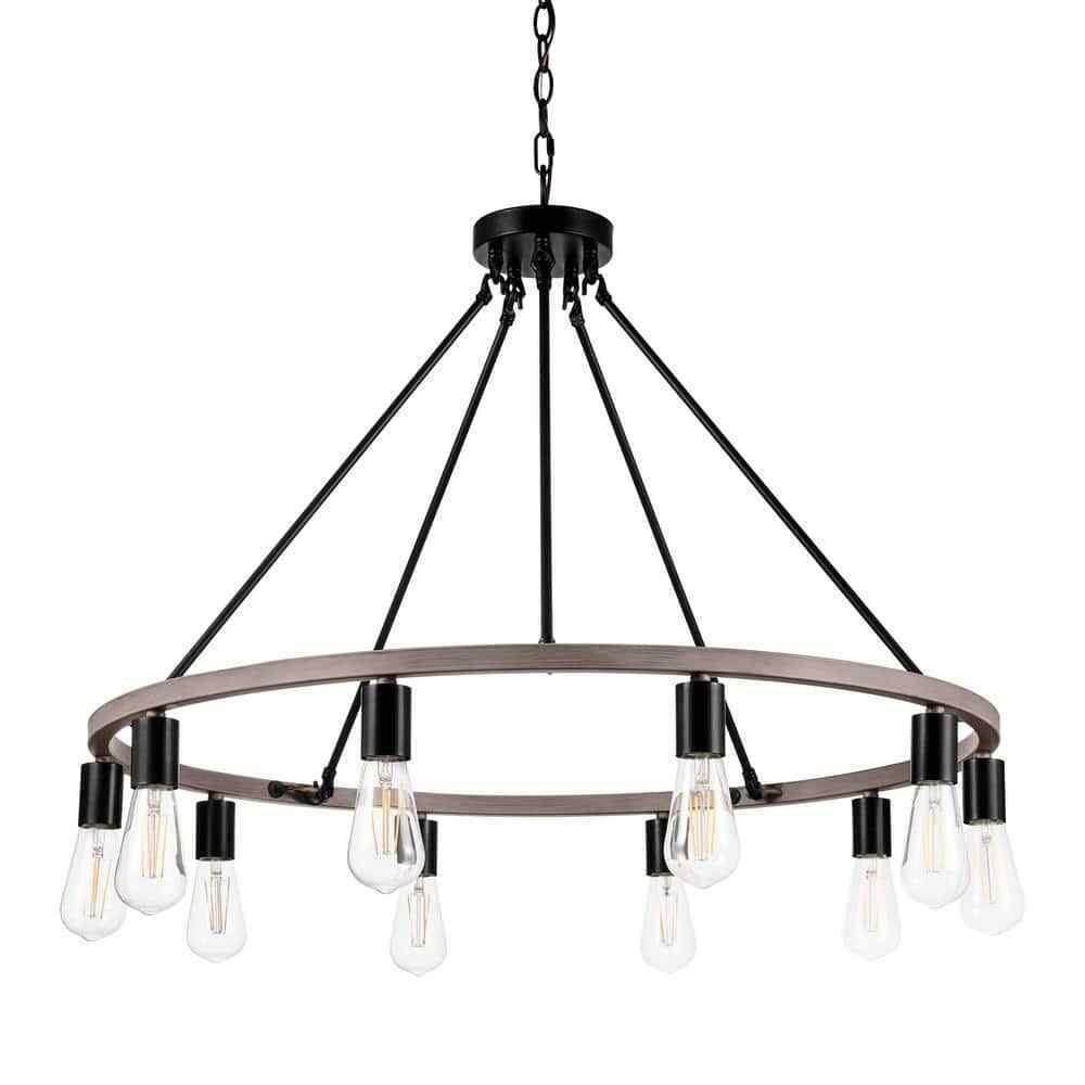 Hampton Bay Stratton 10-Light Black and Woodgrain Wagon Wheel Chandelier