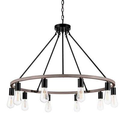 Hampton Bay Stratton 10-Light Black and Woodgrain Wagon Wheel Chandelier