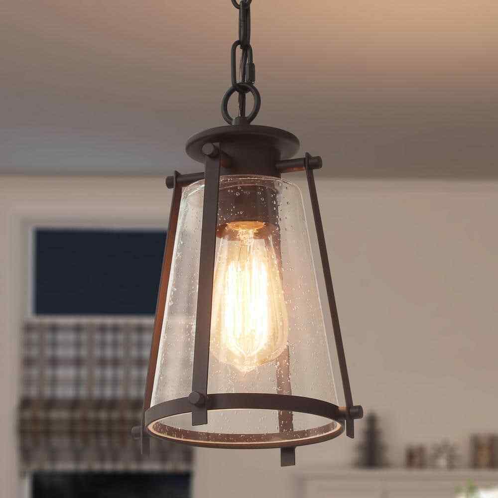 LNC Asaf Oil-Rubbed Bronze Mini Lantern Pendant Light w/ Seeded Glass Shade