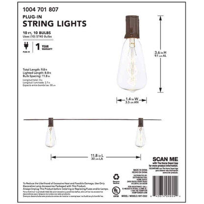 Hampton Bay 10 ft. Light Line Voltage Incandescent String Light (10-Heads)