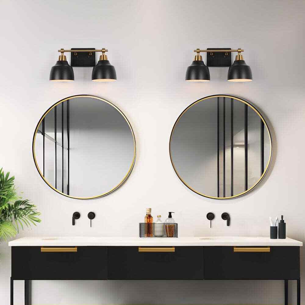 LNC Modern 14.5 in. 2-Light Black Vanity w/ Brass Plated Metal Arm + Bell Shades
