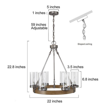 LNC Textured Brown Round Chandelier 6-Light Brushed Silver Wagon Wheel