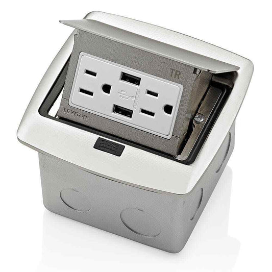 Leviton Pop-Up Floor Box w/ 3.6 Amp USB Charger 15 Amp Outlet Brushed Nickel