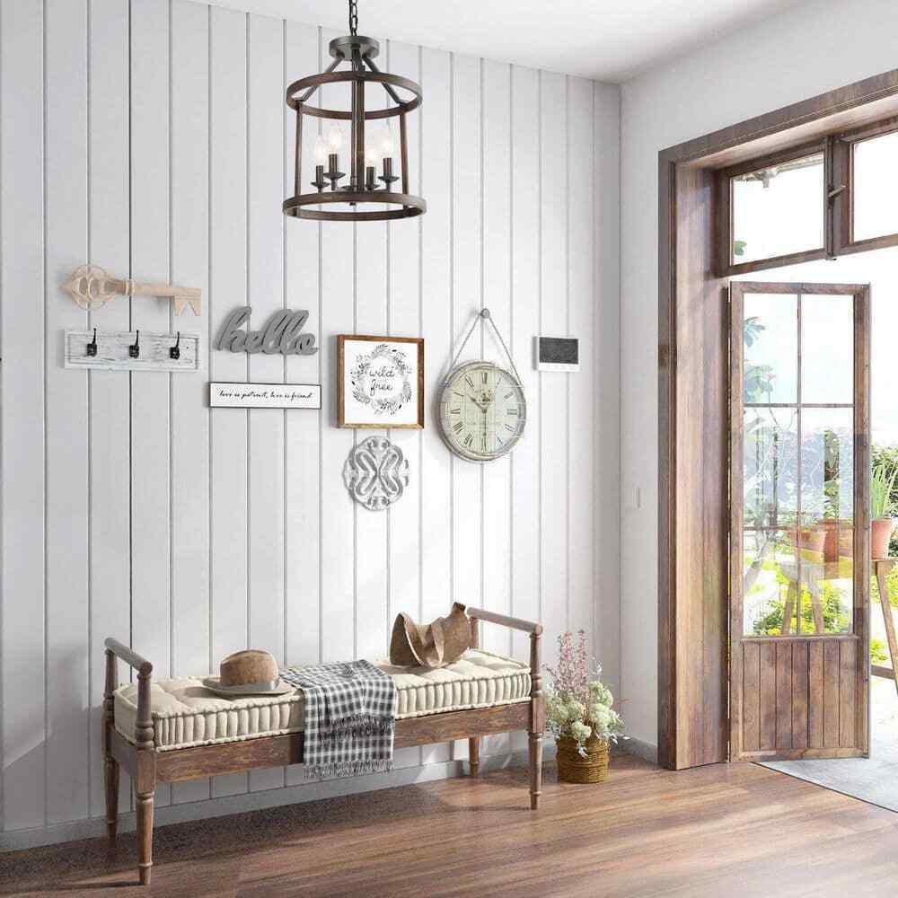 LNC Cordelia 4-Light Dark Wood Grain Candlestick Chandelier w/ Cage Shade