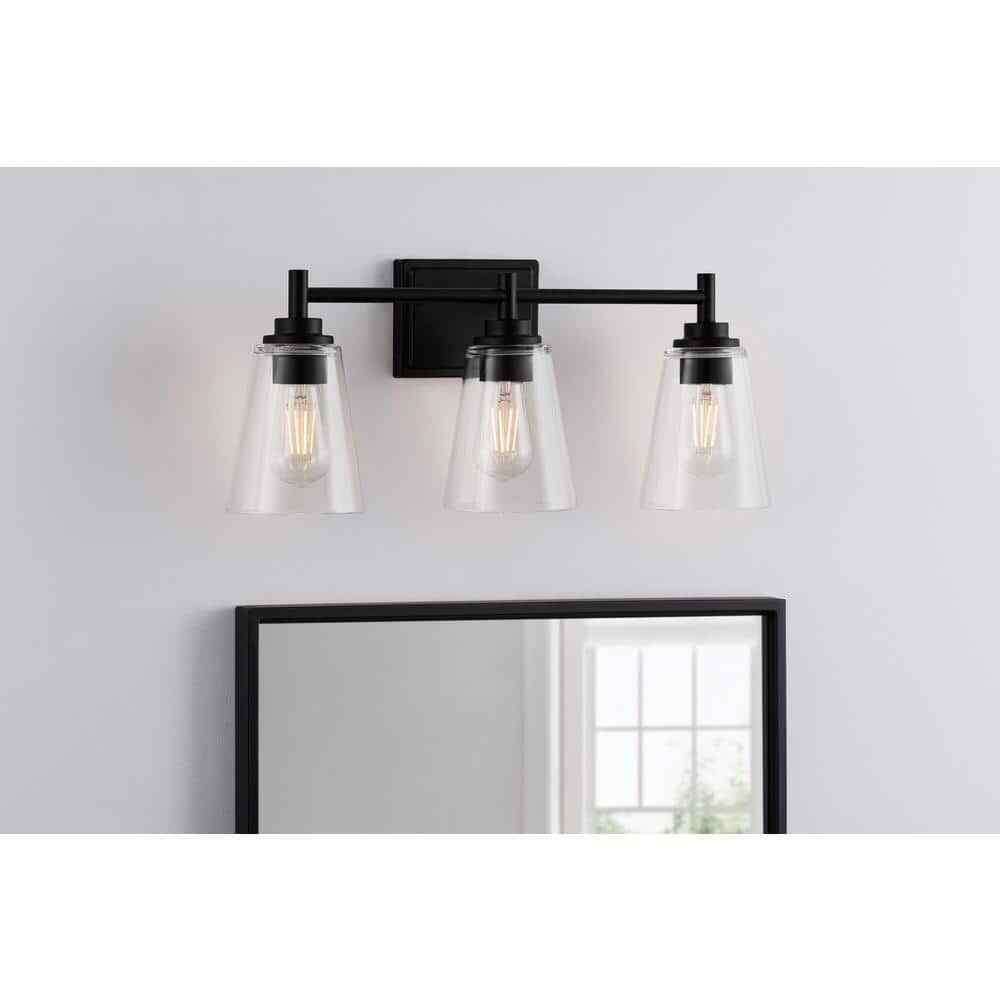 Hampton Bay Wakefield 22 in. 3-light Matte Black Vanity with Clear Glass Shades